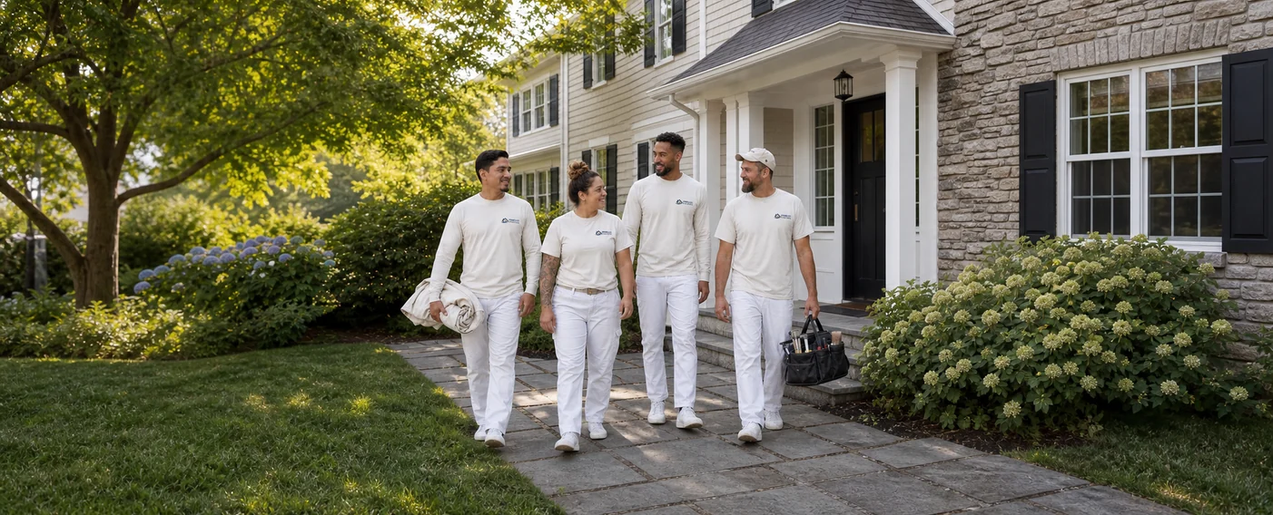 HomeCare Painters crew carrying protective coverings outside a Fairfield County home