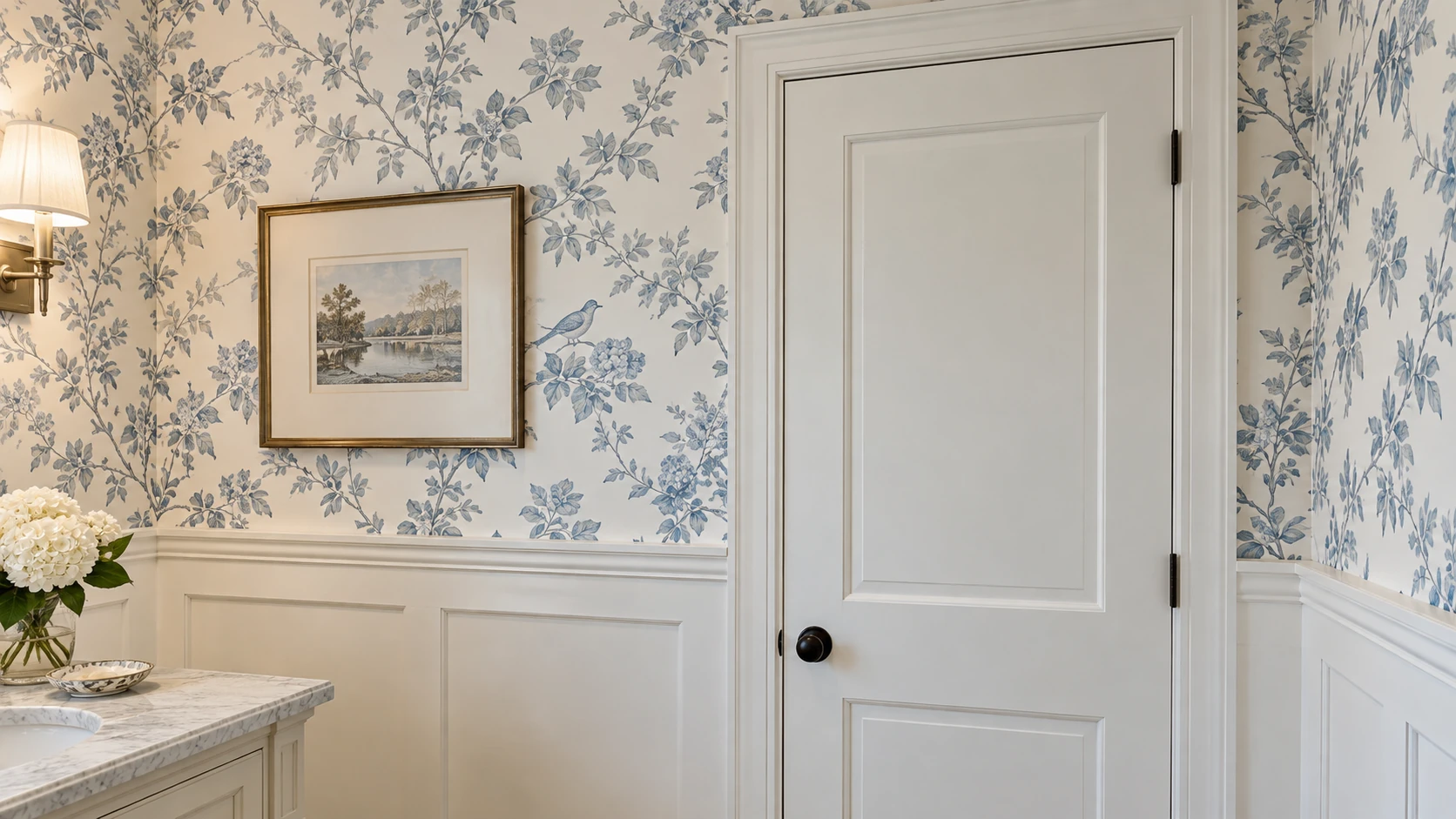 Blue botanical wallpaper above white paneled wainscoting beside a white paneled door.
