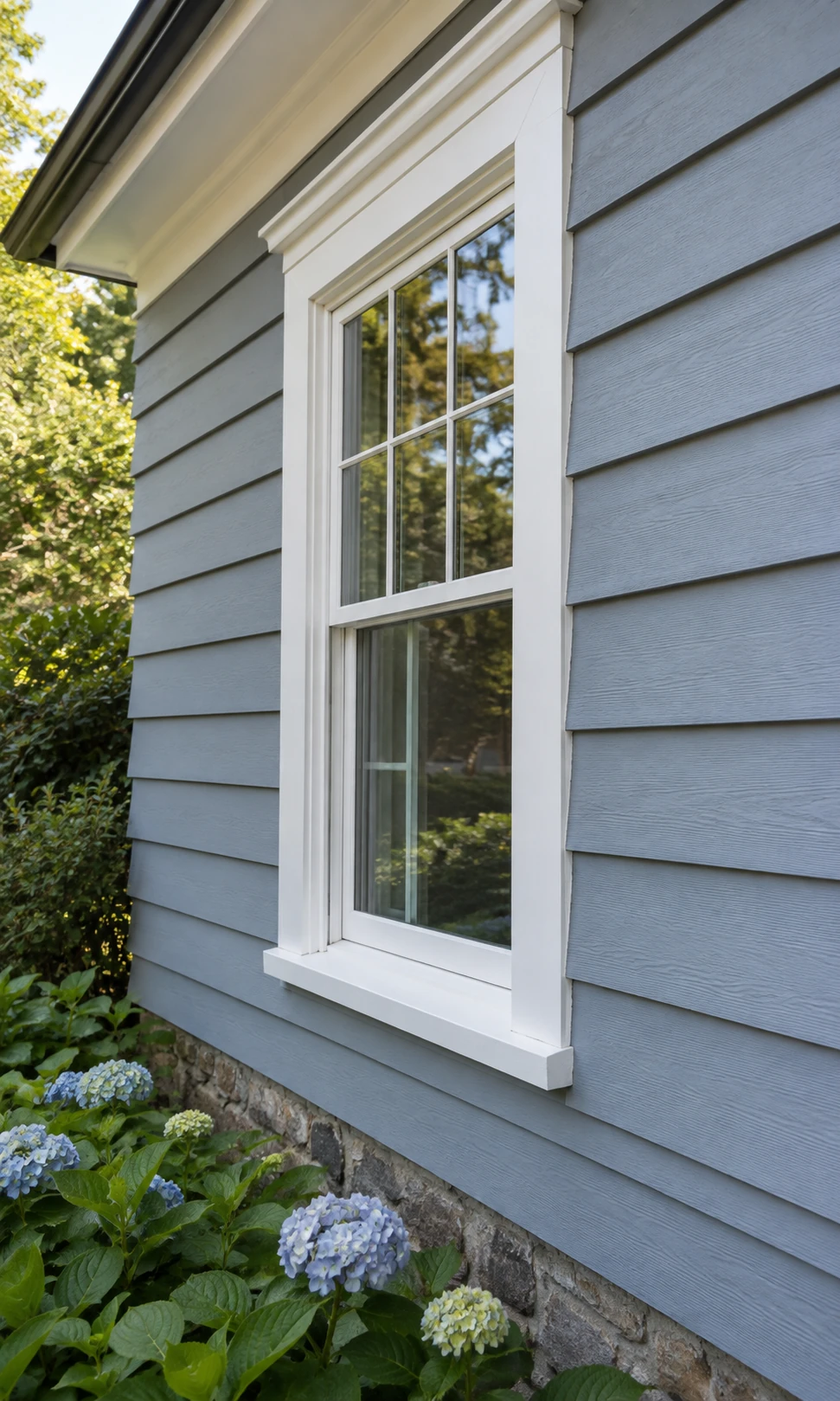 Blue-gray clapboard siding with crisp white window trim above a stone foundation and hydrangeas.