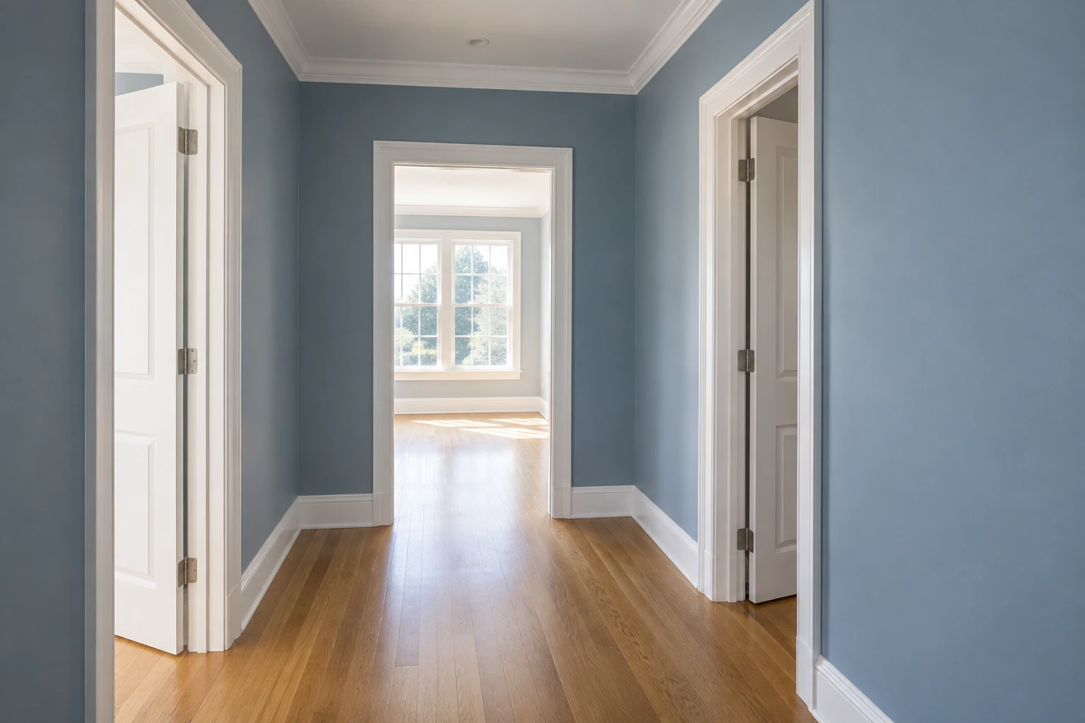 Blue painted hallway with white trim, door casings, crown molding, and warm hardwood flooring.