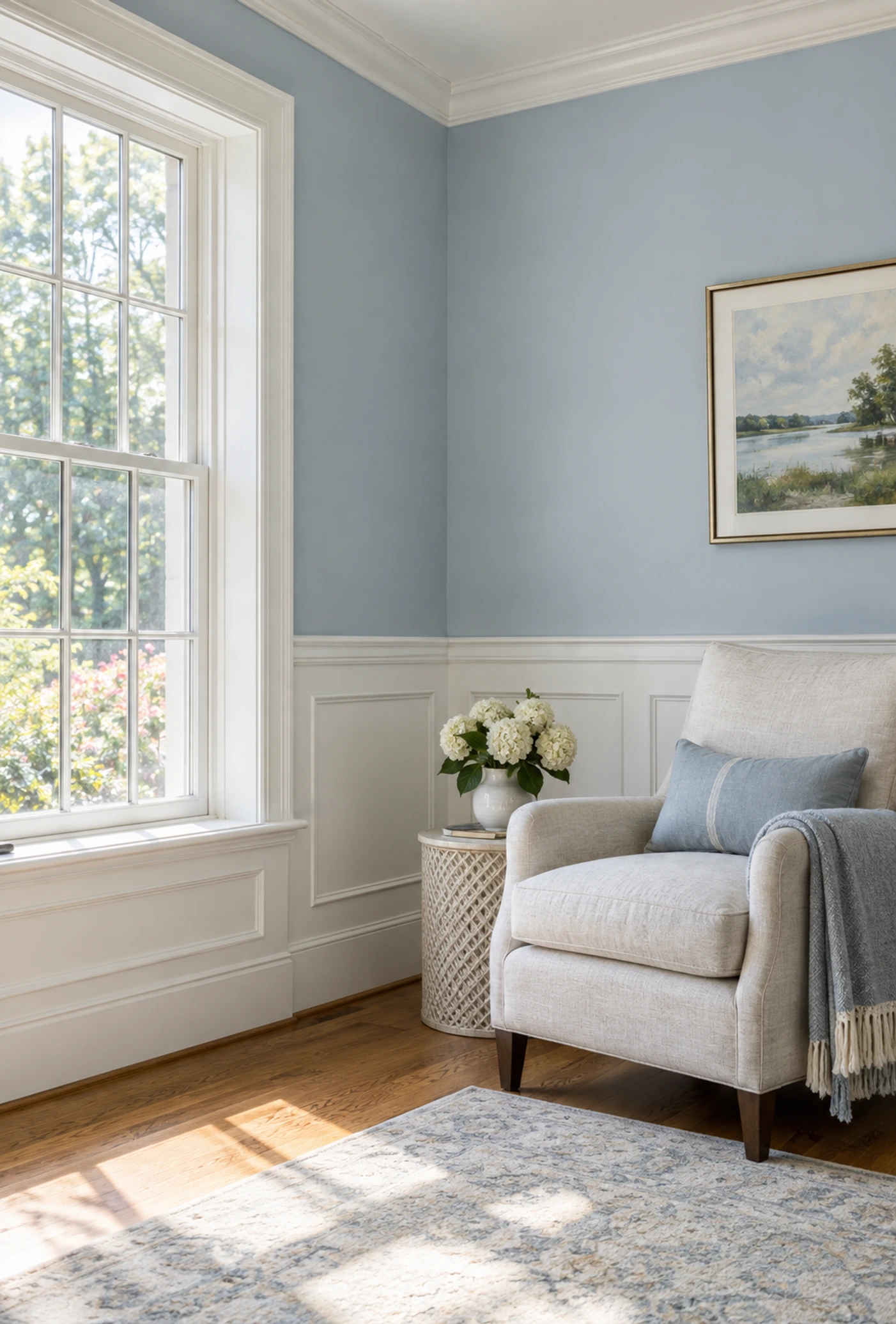 Light blue painted walls with white paneled wainscoting, crown molding, and a tall window beside a linen armchair.