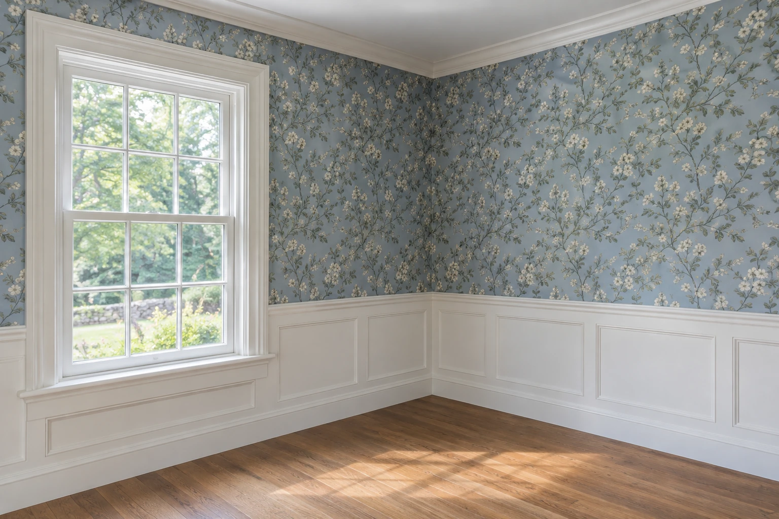 Blue floral wallpaper installation with white wainscoting by HomeCare Painters.