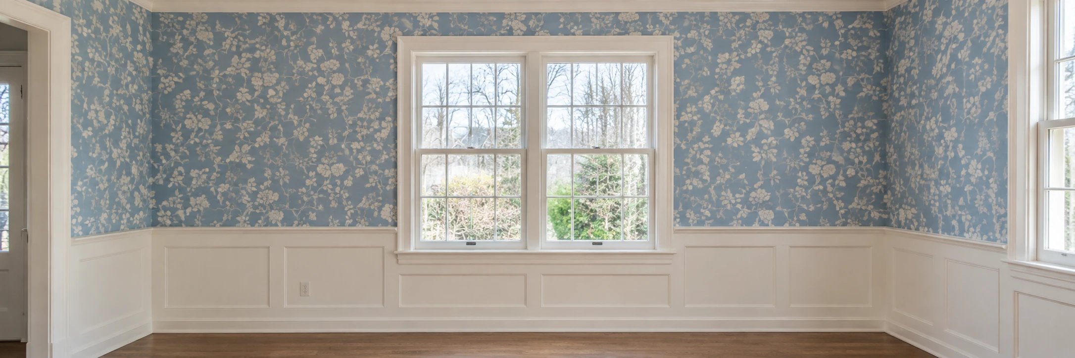 Blue botanical wallpaper above white paneled wainscoting with large white-trimmed windows.