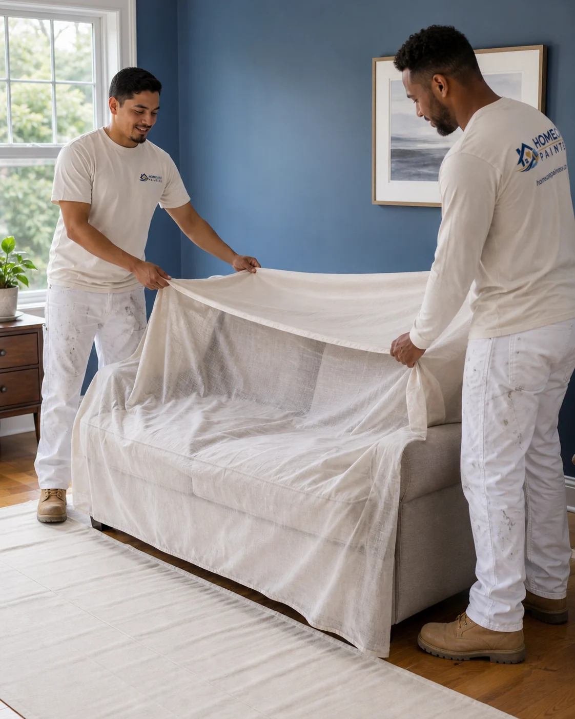Painter protecting a sofa and flooring before interior painting