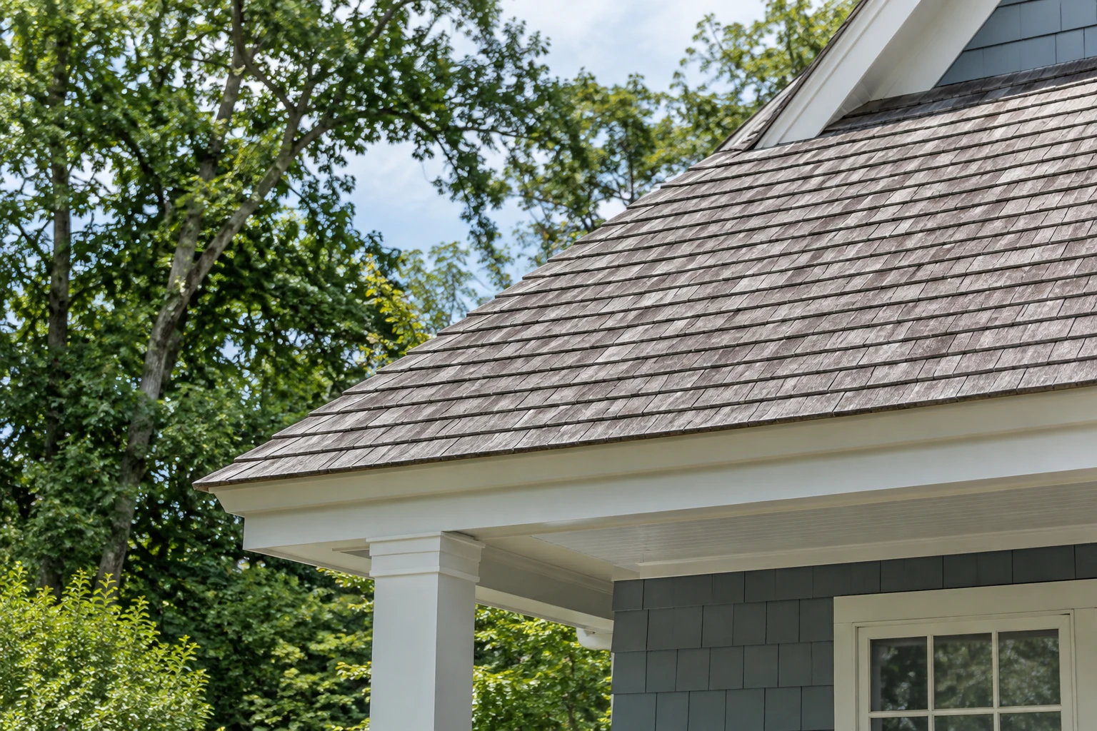 Weathered cedar shingle roof with white porch trim on a HomeCare Painters cedar roof care project.