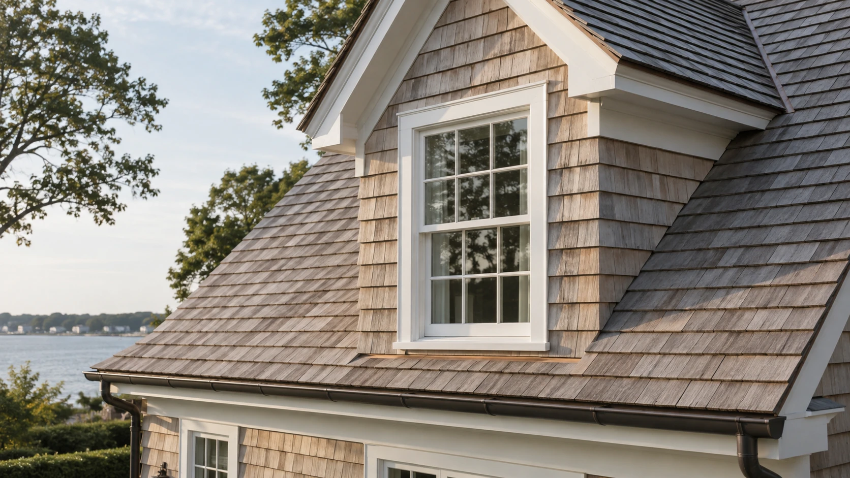 Cedar roof shingles surrounding a white-trimmed dormer window.