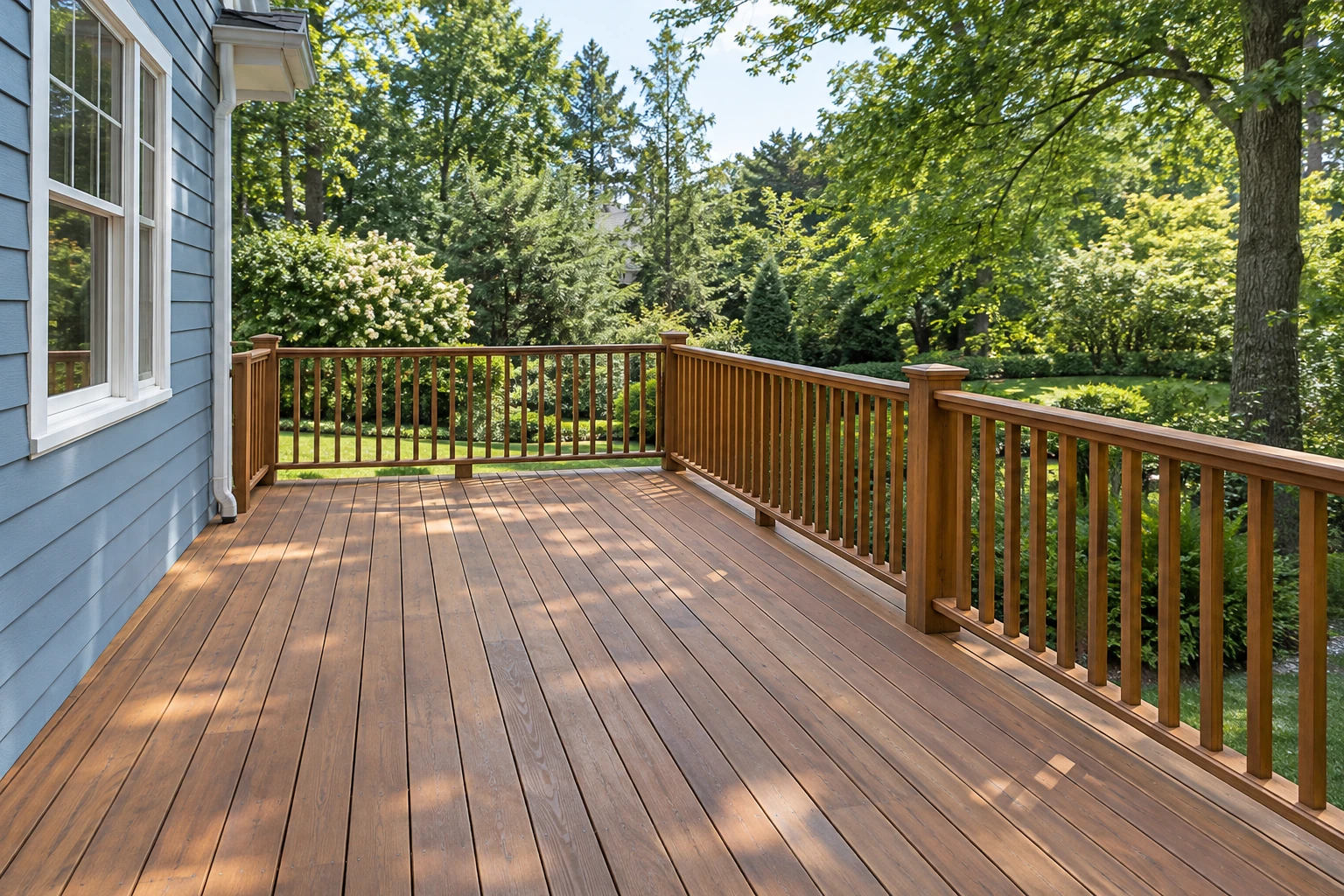 Cedar-toned stained wood deck with matching railing beside blue-gray siding and a wooded backyard.