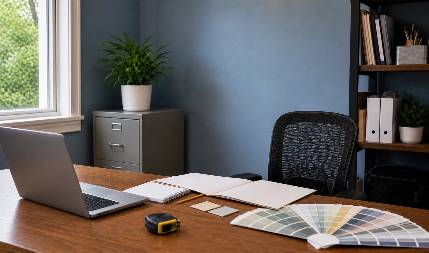 Painting estimate workspace with color samples, tape measure, and project notes