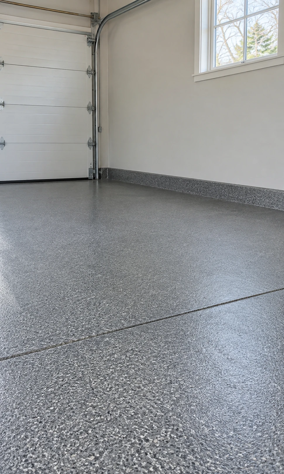 Gray flake epoxy garage floor coating beside a white garage door and window.