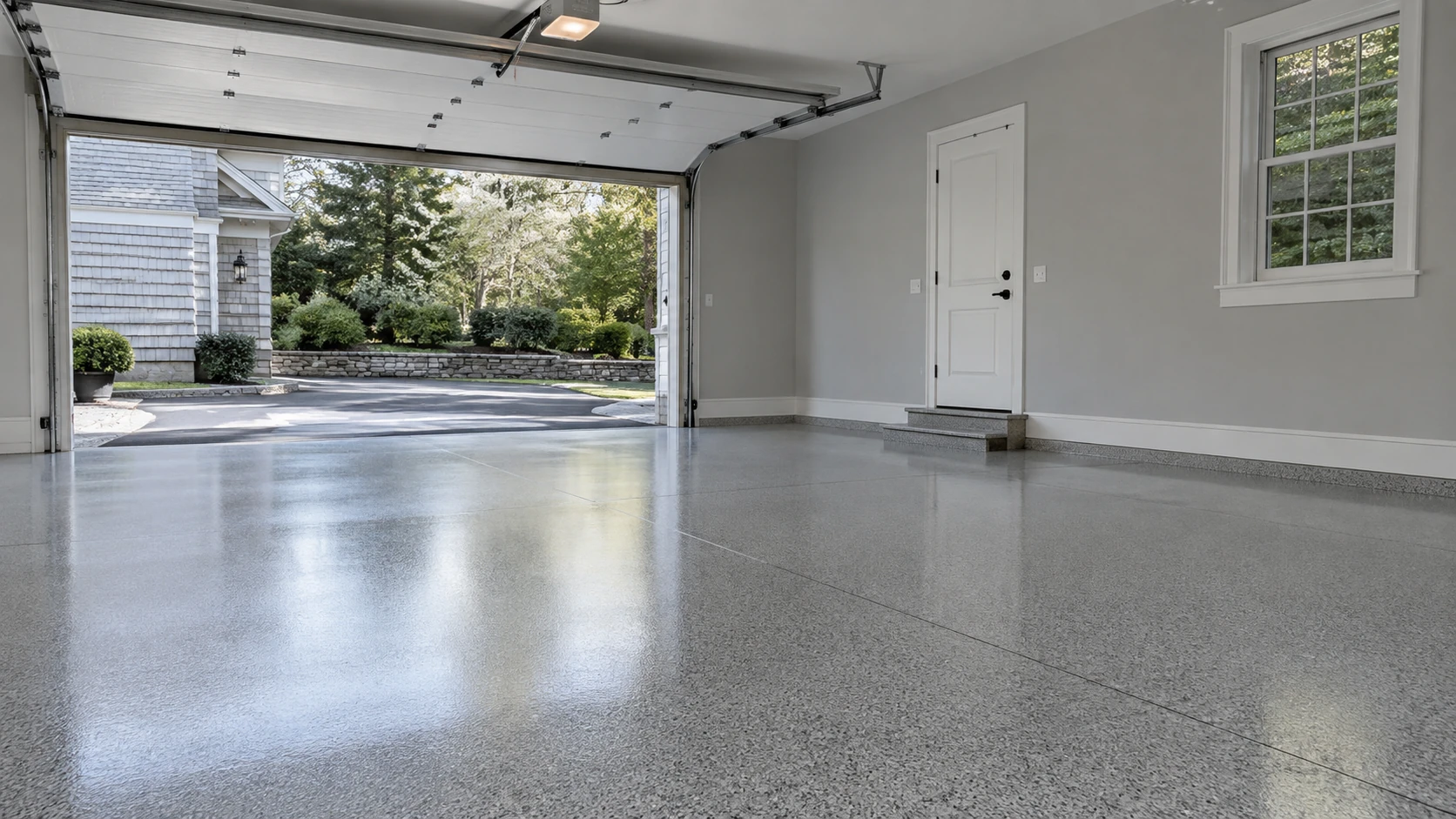 Gray epoxy garage floor with a smooth reflective finish, neutral walls, white trim, and an open garage door.