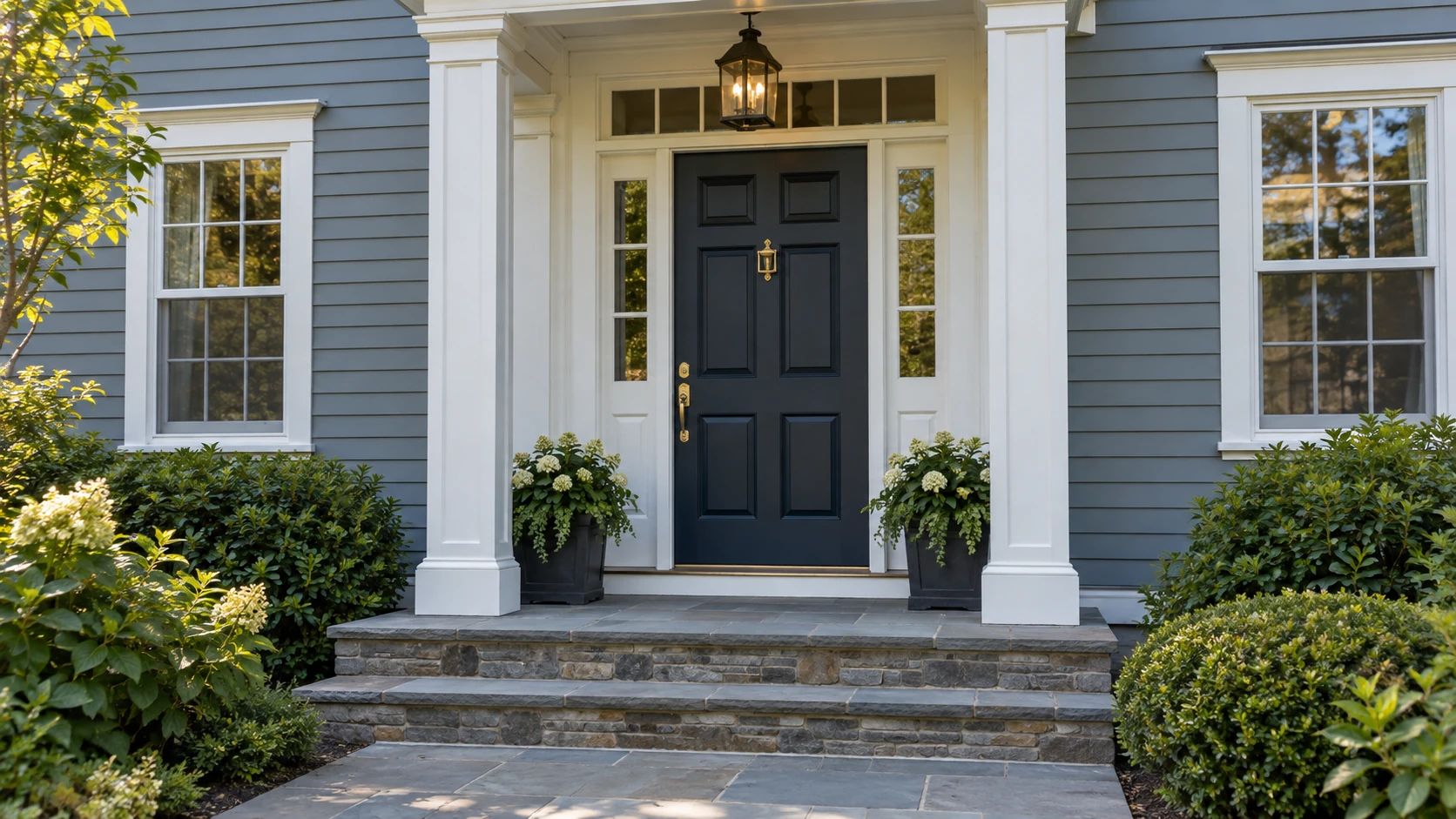 Blue-gray exterior siding with crisp white trim, a dark front door, and stone entry steps.