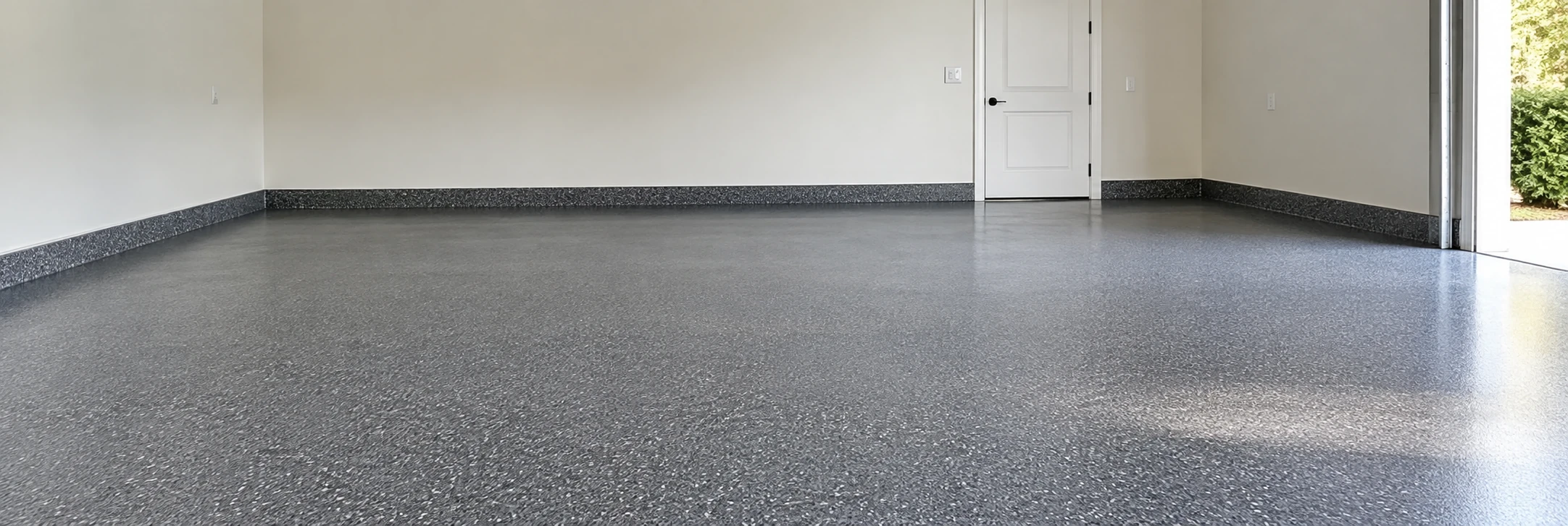 Gray flake epoxy garage floor with neutral walls and a clean finished interior.