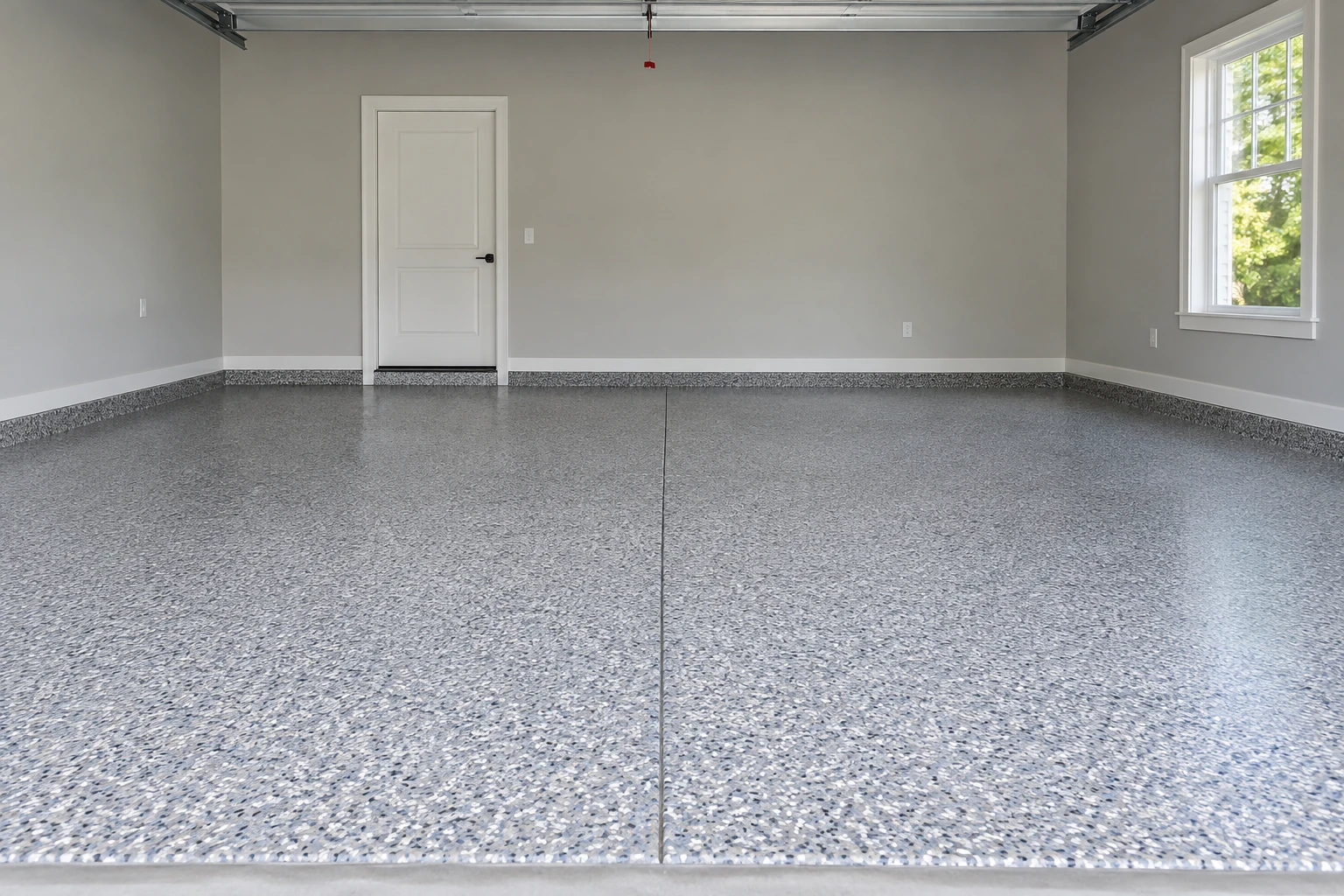 Gray flake epoxy garage floor with white baseboards, gray walls, rear door, and side window.