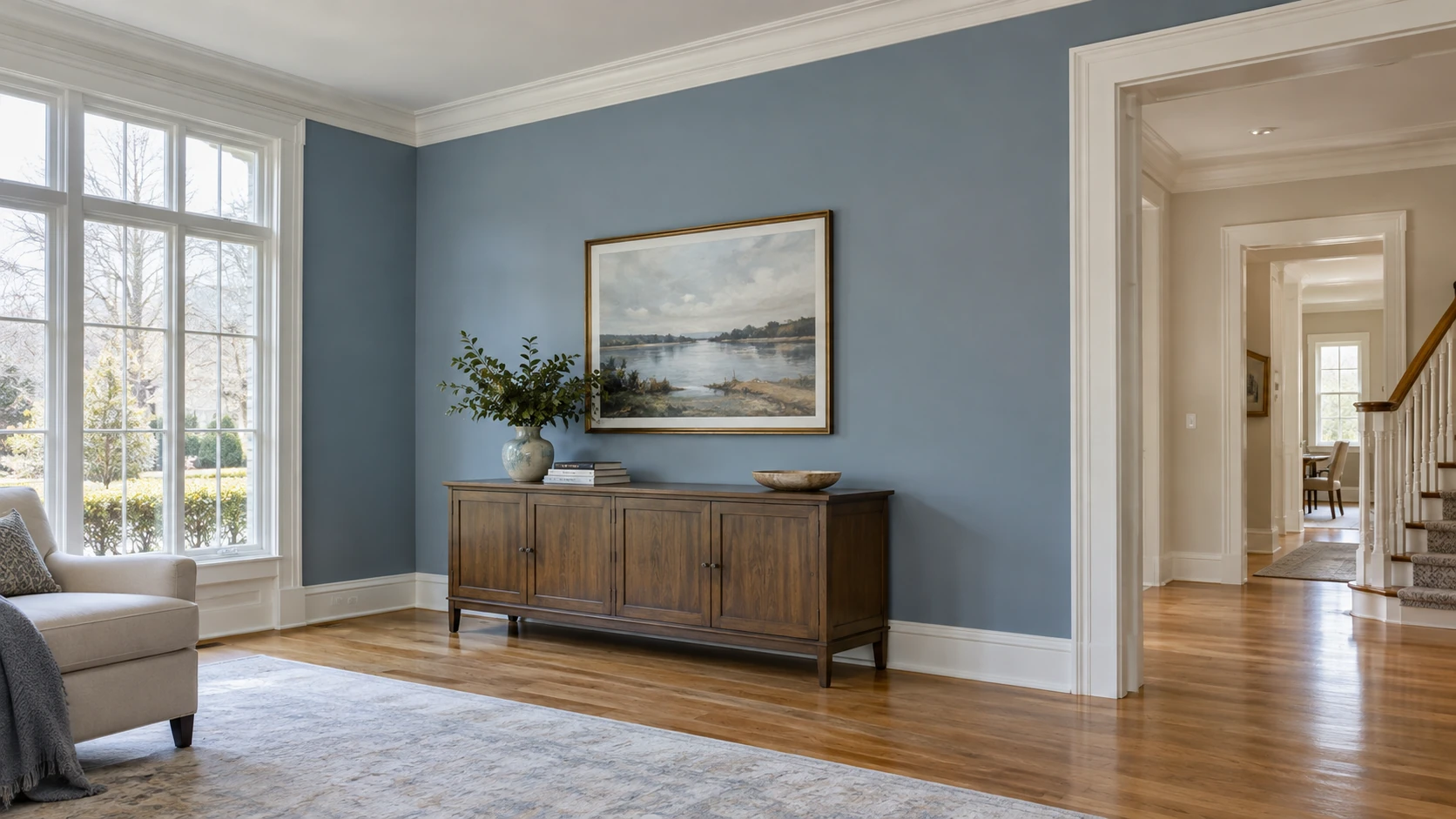 Blue painted living room walls with crisp white trim, crown molding, large windows, and warm hardwood flooring.