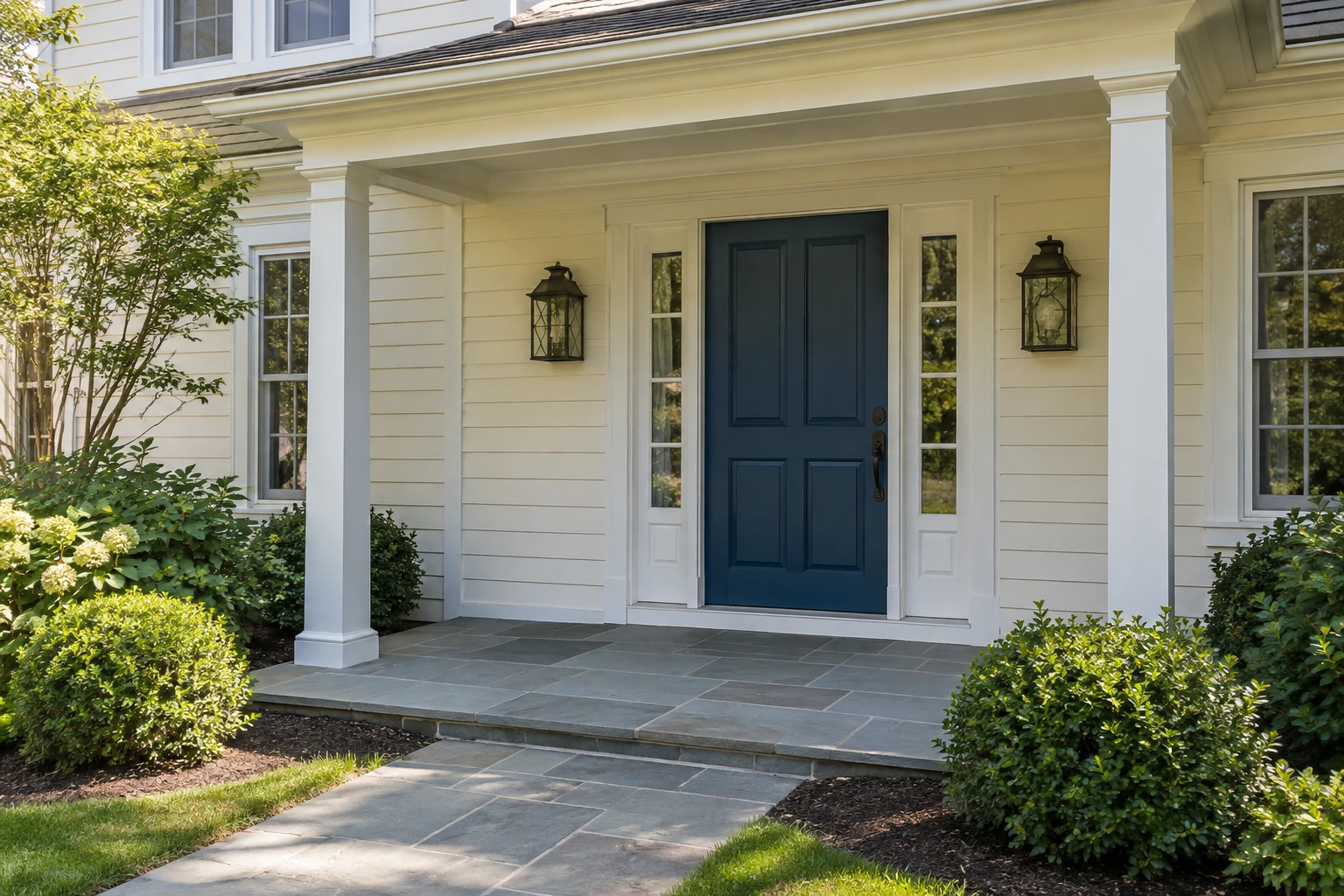 Ivory painted front porch with white columns, navy blue entry door, and black exterior lanterns.