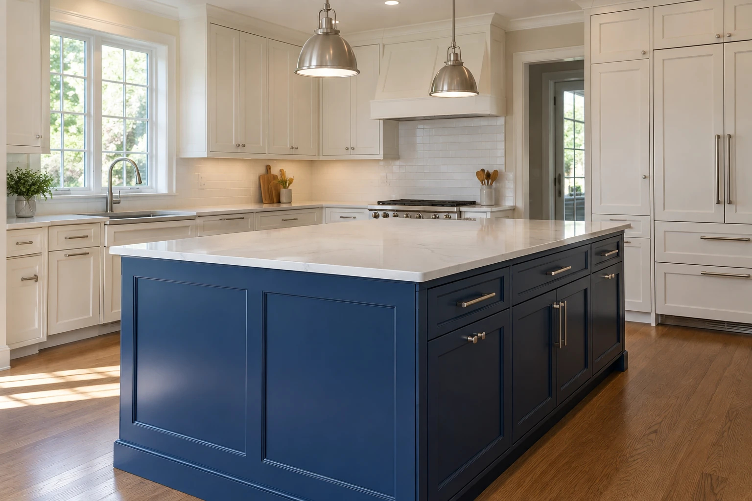 Navy blue kitchen island with white perimeter cabinets and quartz countertops.
