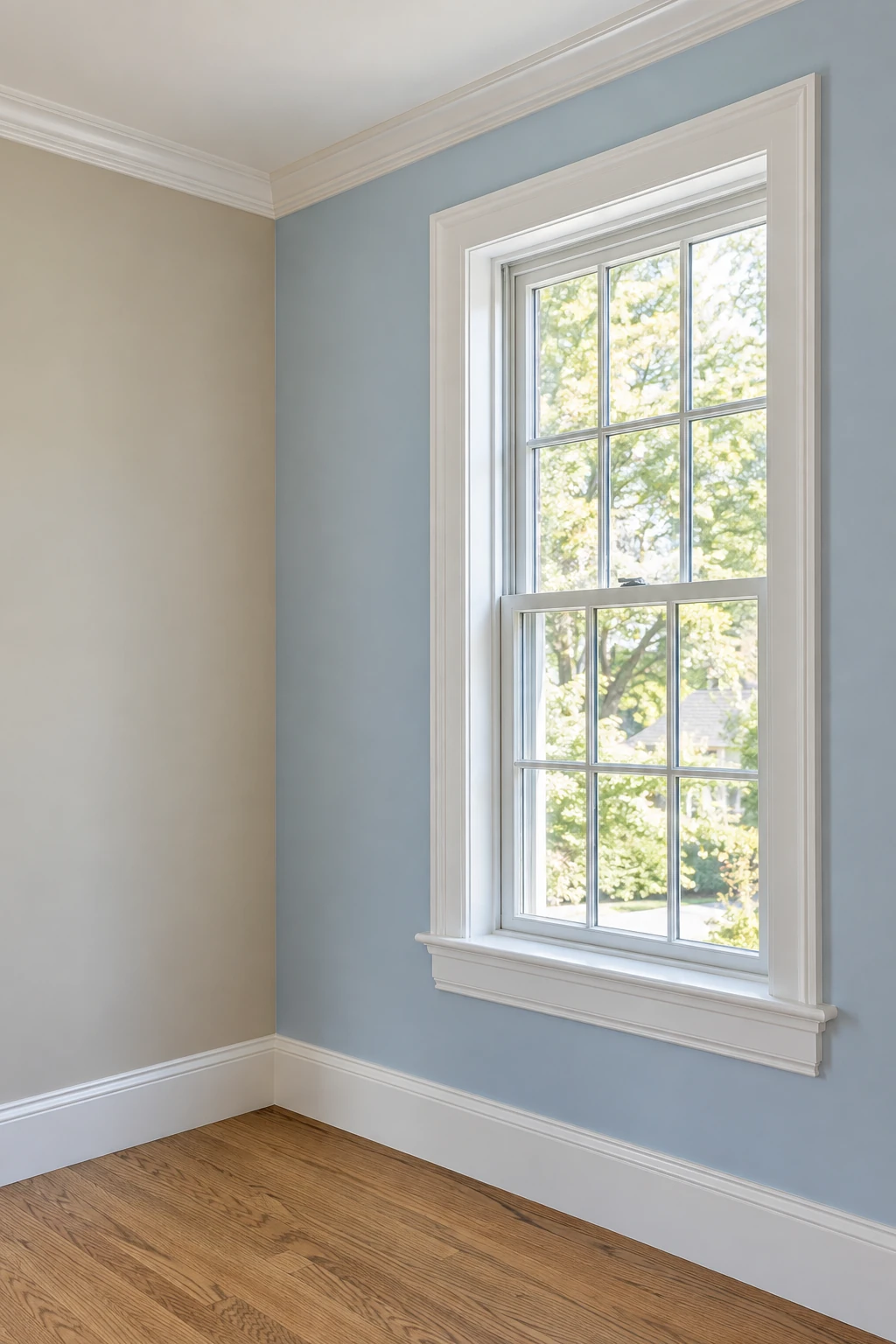 Soft blue painted wall with white window trim, crown molding, baseboards, and hardwood flooring.