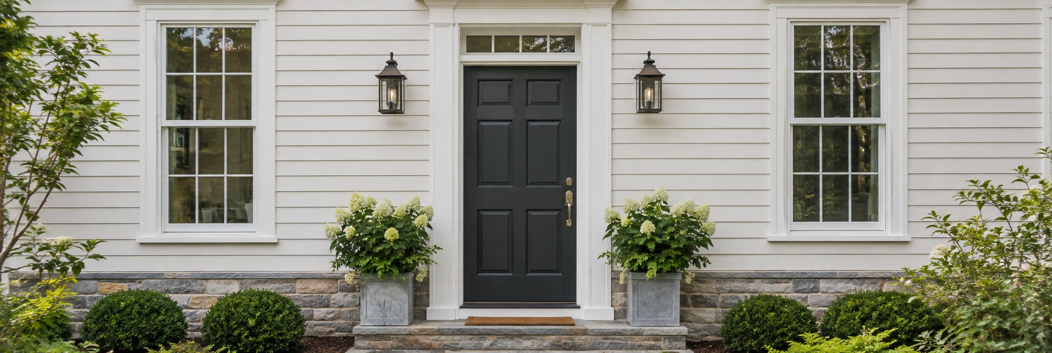 Ivory exterior siding with white trim, a dark front door, black lanterns, and stone accents.