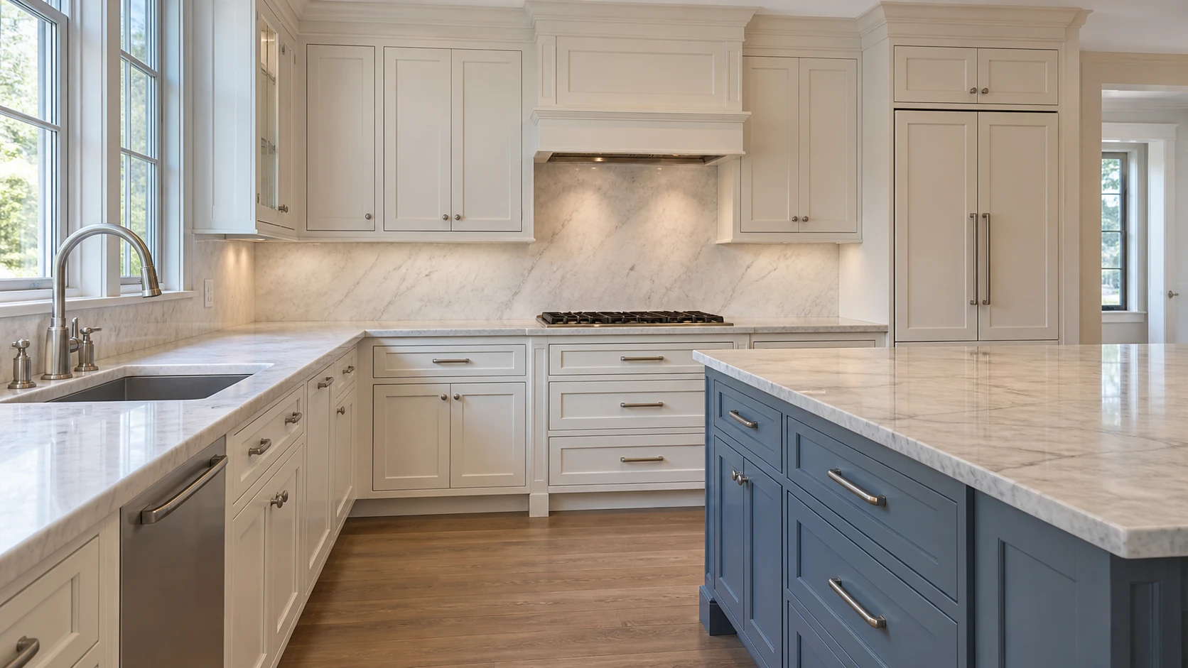 White painted kitchen cabinets with a blue island, marble countertops, and warm hardwood flooring.