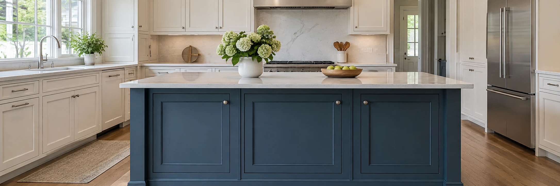 Navy blue painted kitchen island with white perimeter cabinets, light countertops, and hardwood flooring.