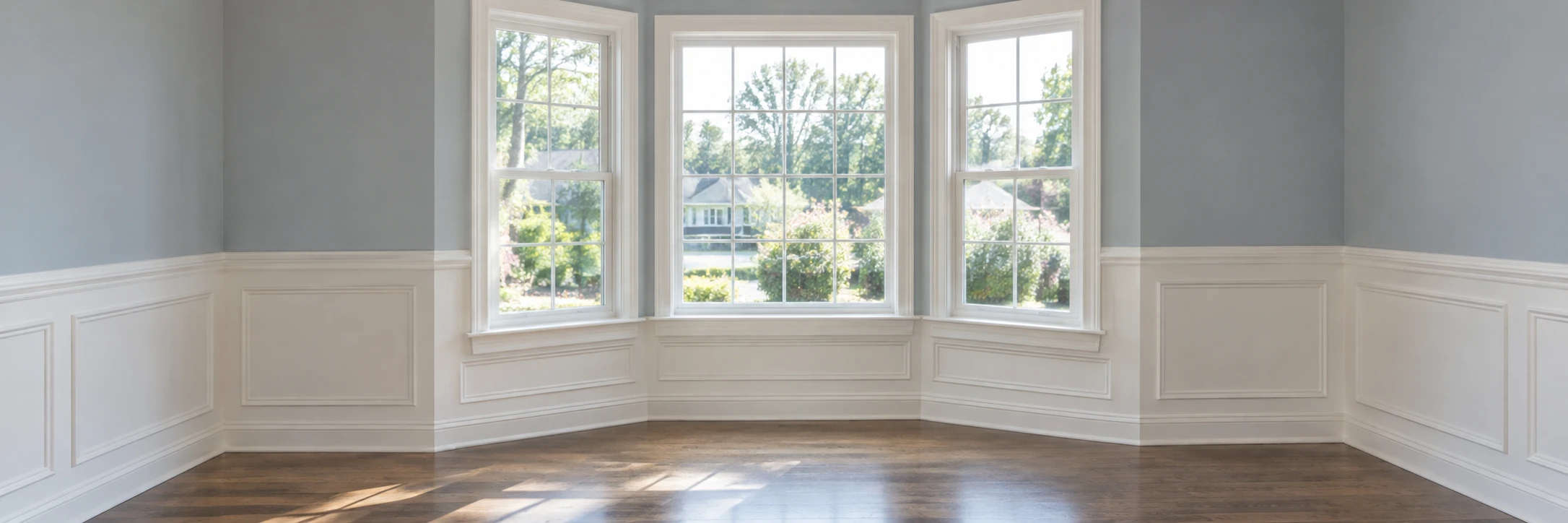 Pale blue painted walls with white paneled wainscoting surrounding a bright bay window.