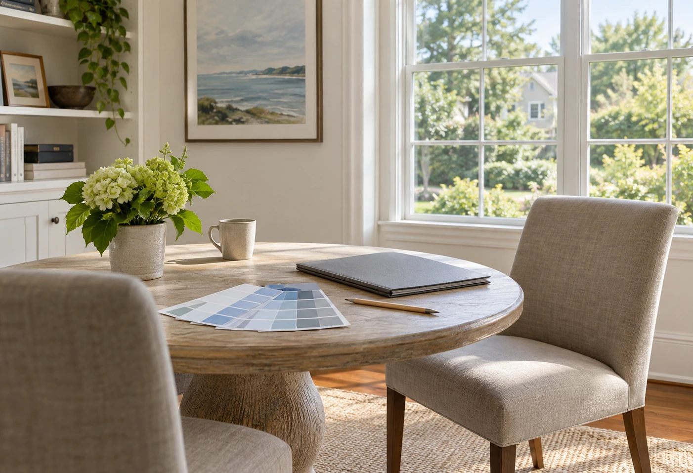 Blue paint color samples and project folder on a round wooden table beside a bright window.