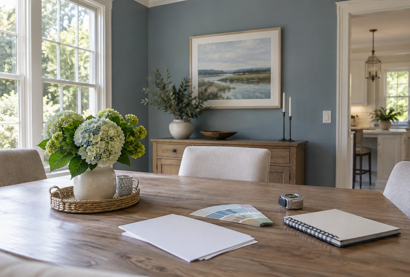 Paint color samples, a tape measure and a notebook arranged on a wooden dining table.