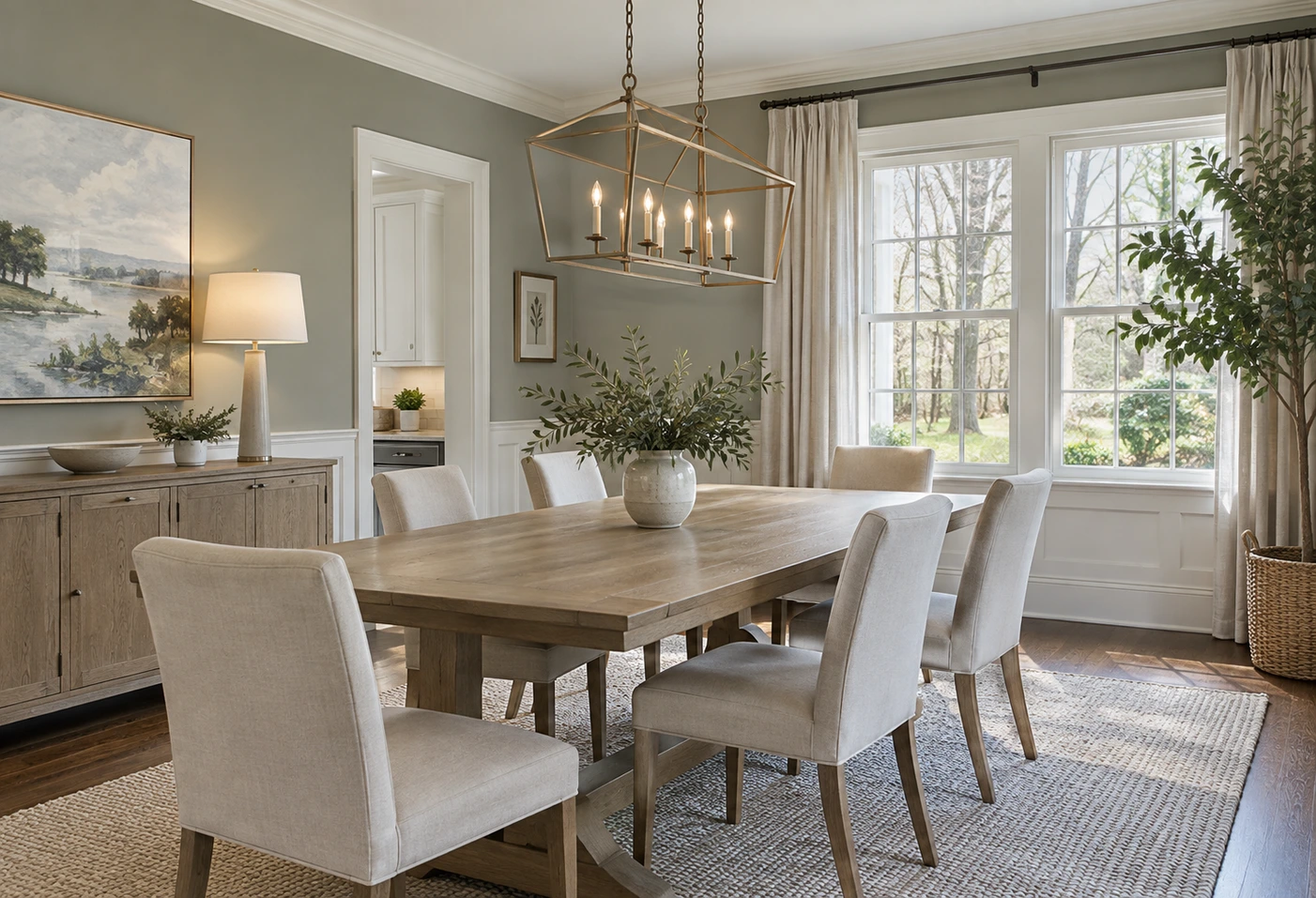 Dining room with sage-gray walls, white window trim and a wooden table.