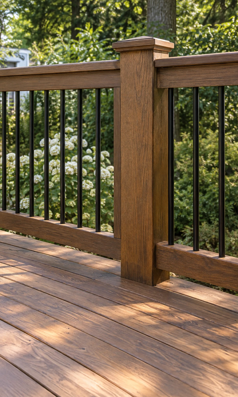 Stained wood deck and railing with black metal balusters and a natural brown finish.