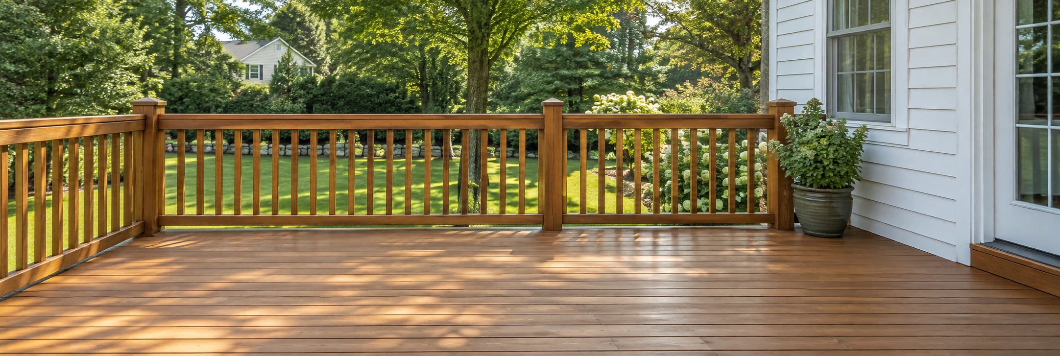 Warm brown stained wood deck with matching railing overlooking a green landscaped backyard.