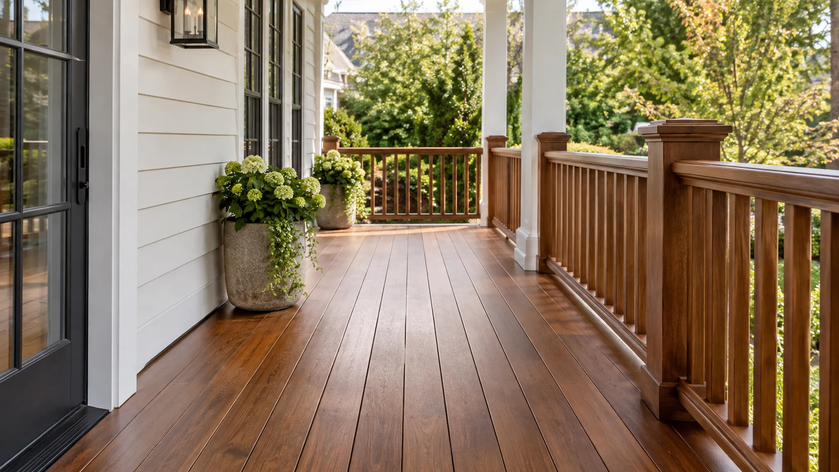 Warm brown stained porch boards with matching wood railing, white columns, and light exterior siding.