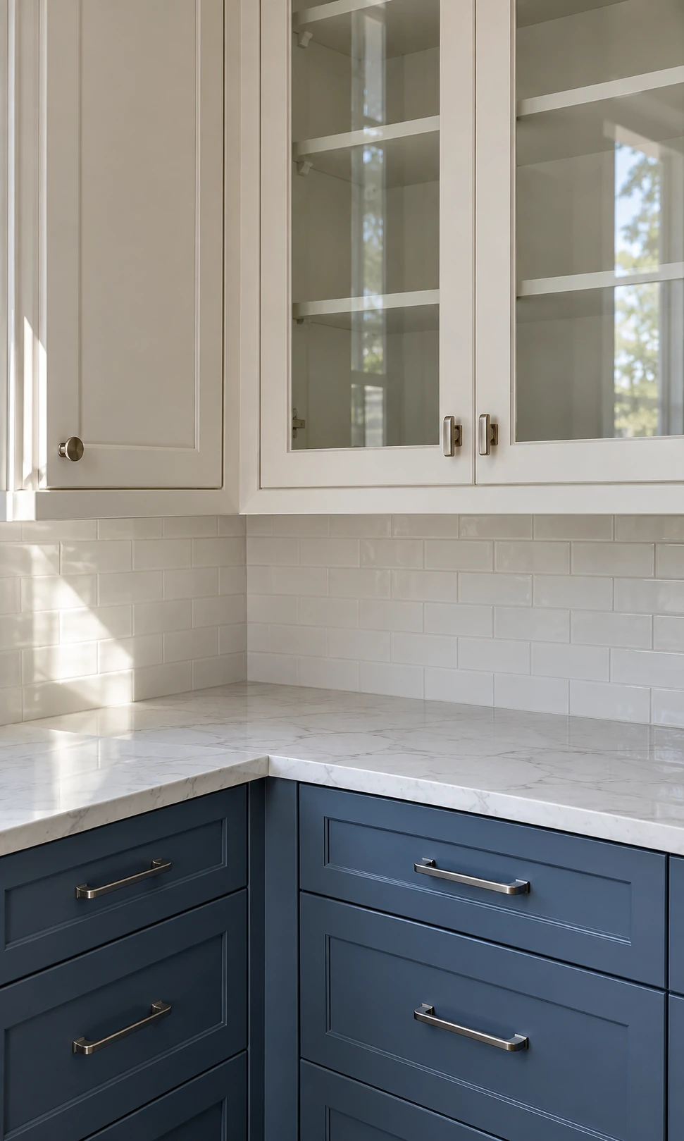 Blue lower kitchen cabinets with white glass-front upper cabinets, white tile backsplash, and light stone countertops.