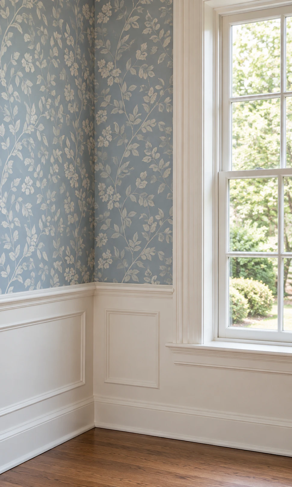 Blue botanical wallpaper beside a white-trimmed window with paneled wainscoting and hardwood flooring.
