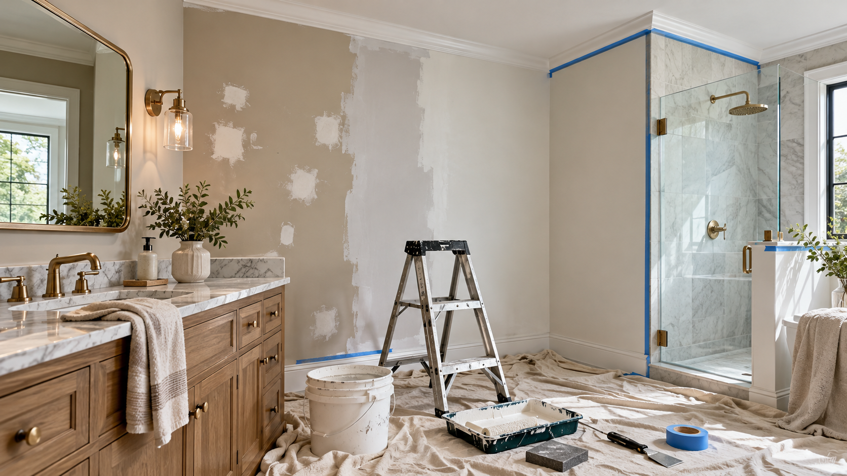 Peeling and blistering paint visible near a shower in a Connecticut bathroom