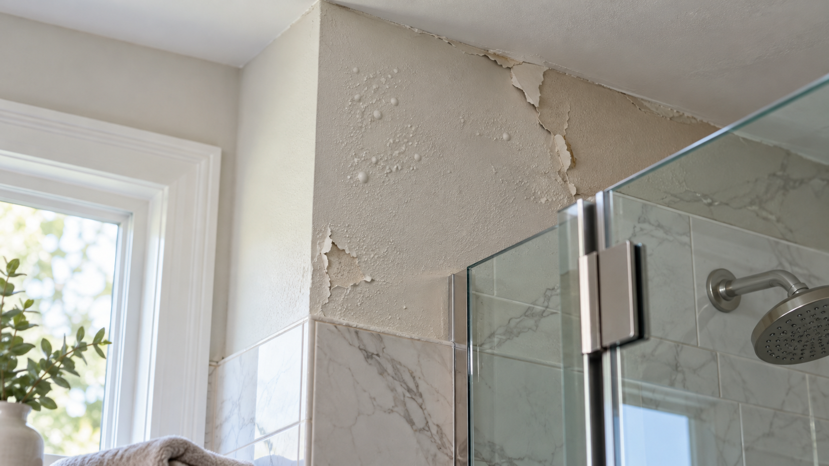 Bathroom wall repair and painting preparation with patched surfaces, tools and protected finishes