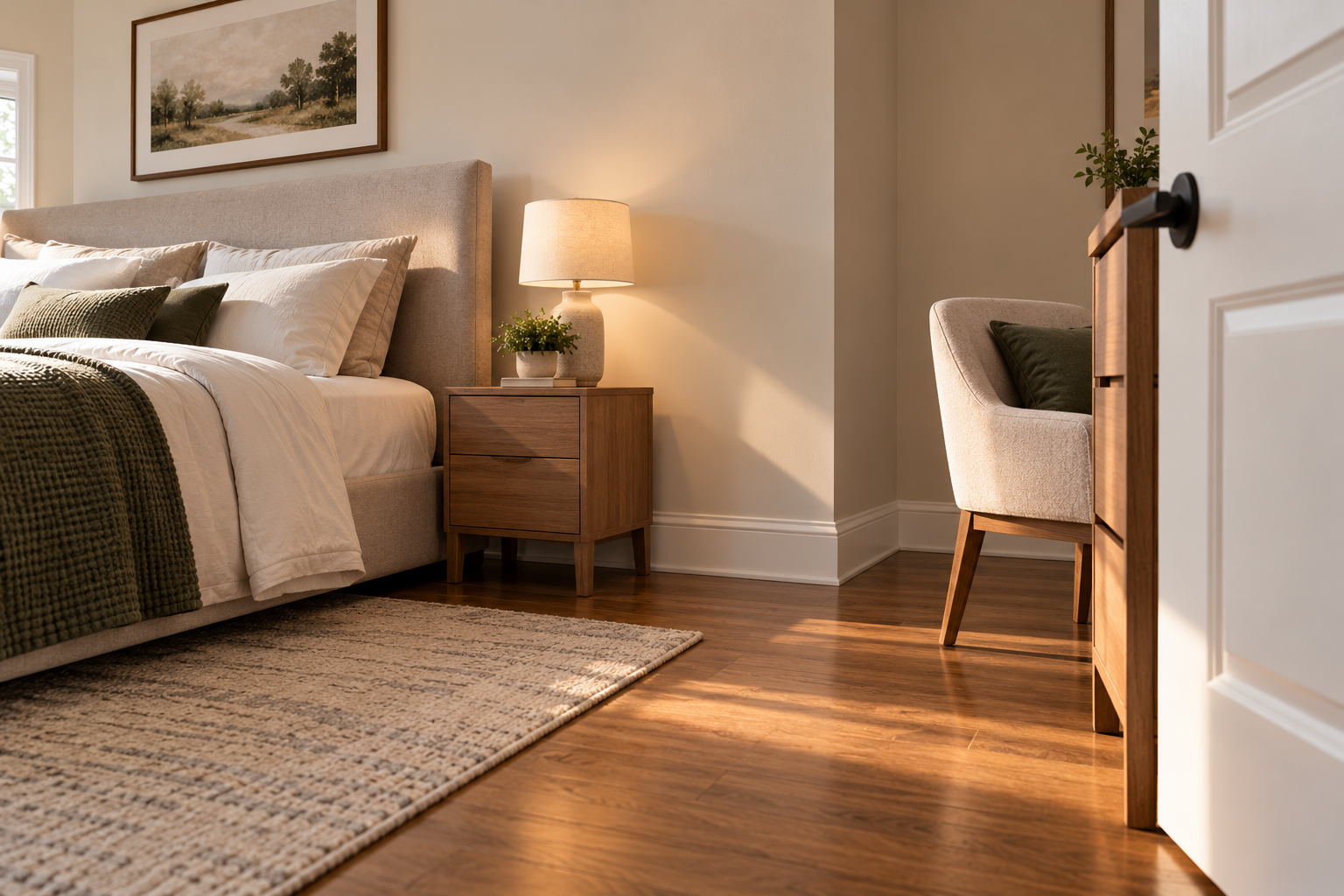Bedroom furniture kept away from freshly painted walls while the interior paint continues curing