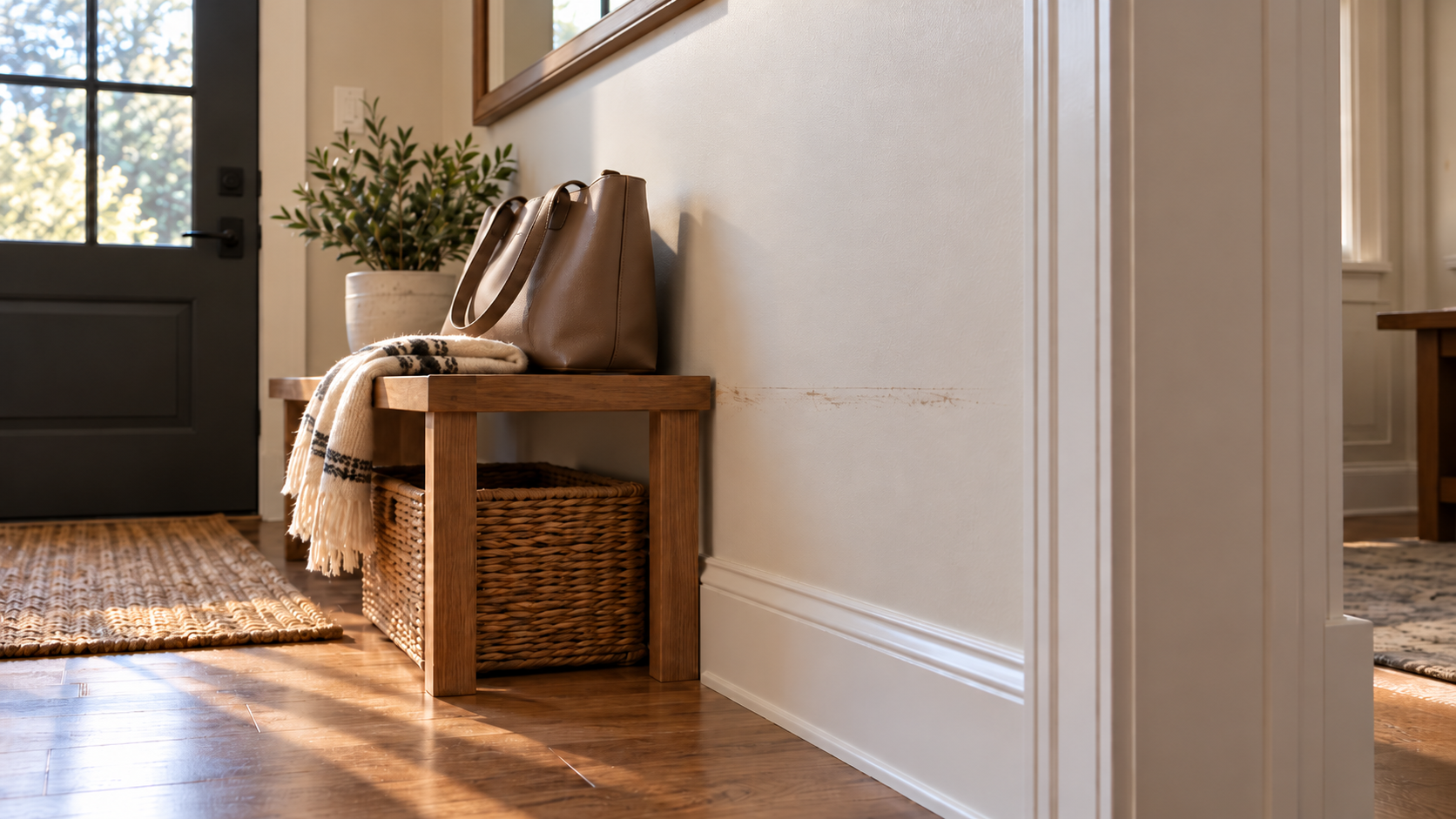 Entryway bench repeatedly contacting a painted wall and creating a visible mark at the same height