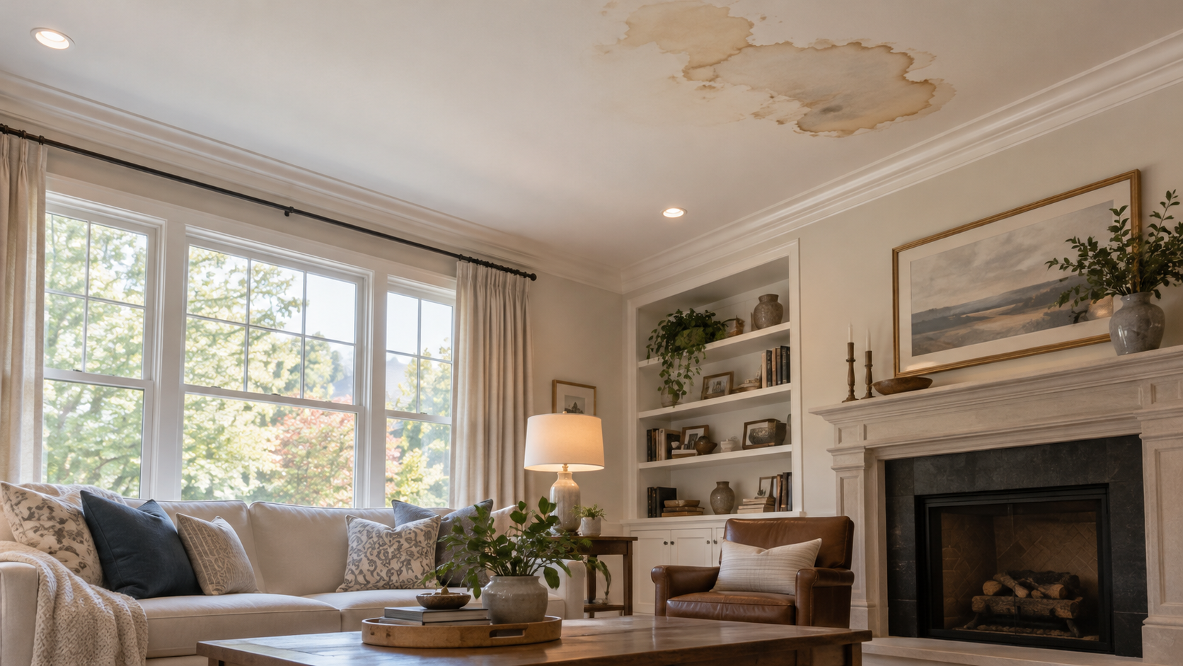 Professional applying stain-blocking primer to a previously repaired ceiling in a Connecticut home