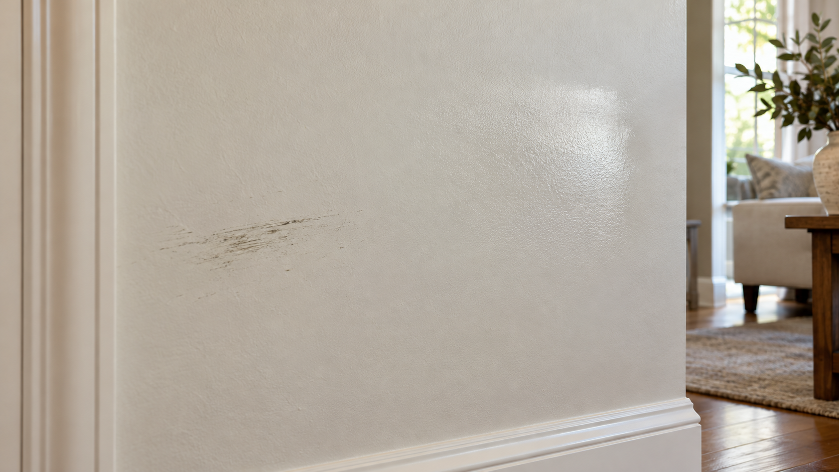 Painted interior wall showing a dark scuff mark and a shiny burnished patch from repeated rubbing