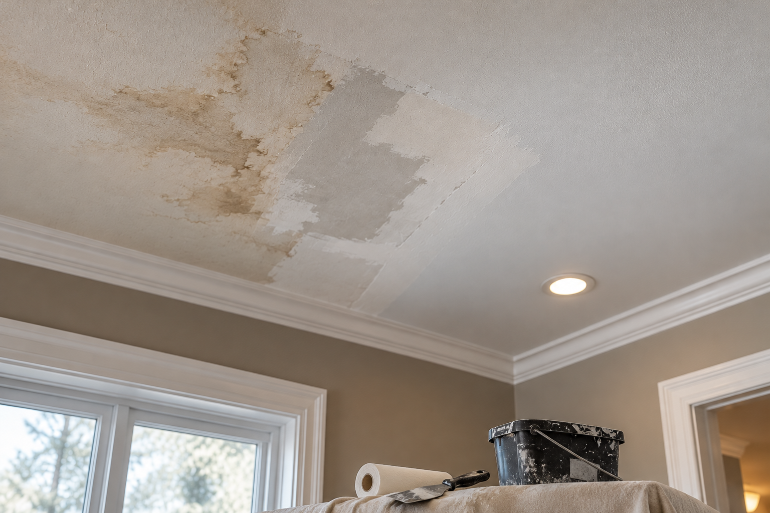 Water-stained ceiling showing repair, patch preparation and finished ceiling areas in a Connecticut home