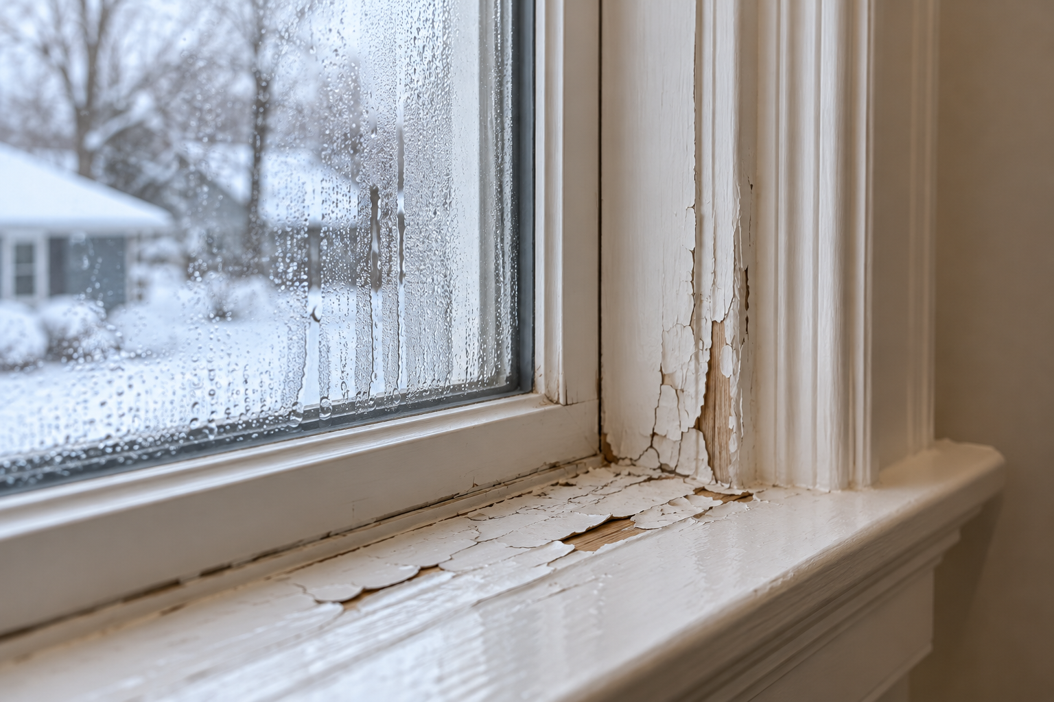 Condensation on an interior window with peeling paint on the trim during winter in Connecticut