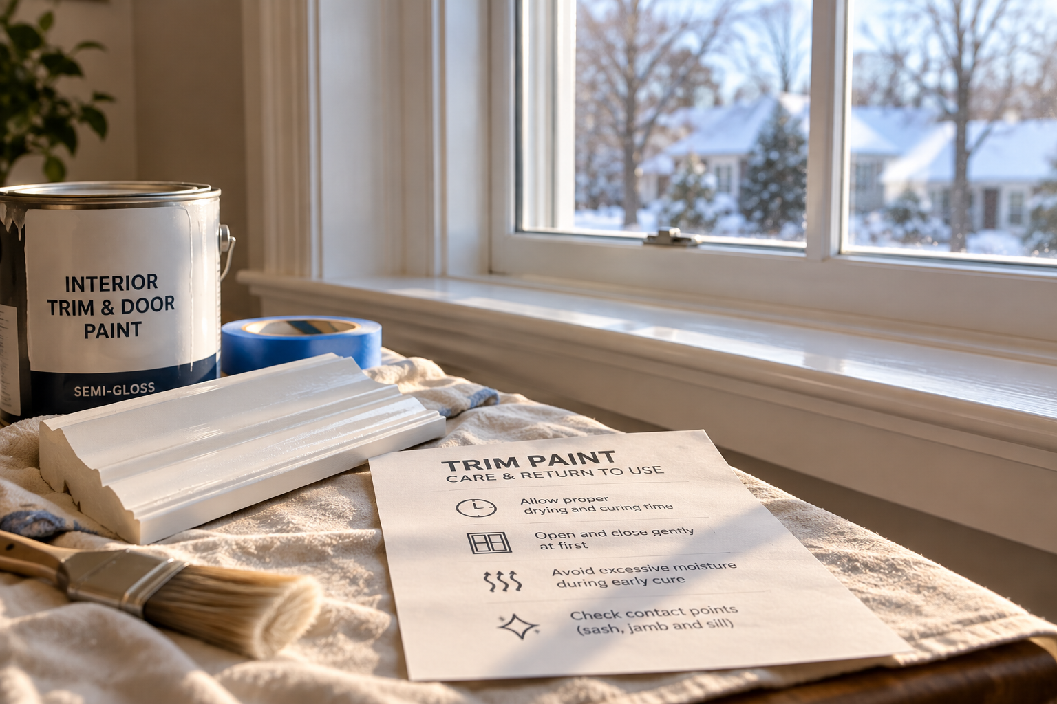 Freshly painted window trim with paint care materials and return-to-use instructions in a Connecticut home